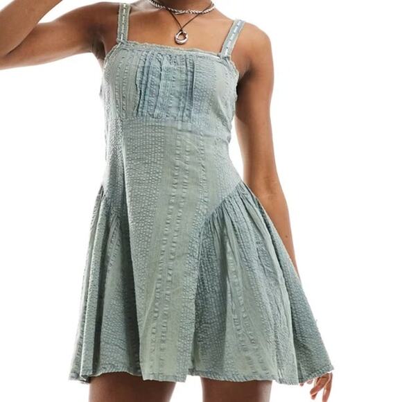 ASOS Textured Mini Dress in Light Green - Picture 1 of 10